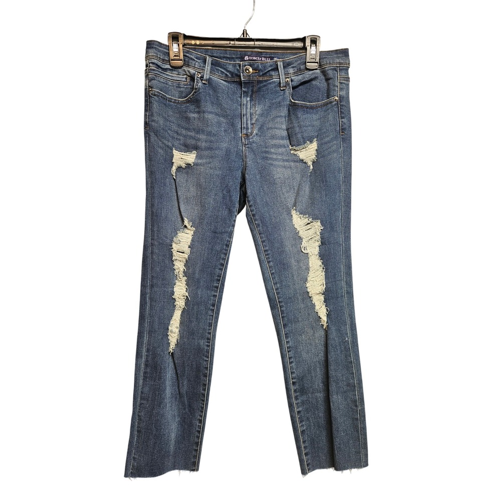 Tractr BLU Womens Distressed Raw Hem Stretch Jeans Medium Wash Blue Size 30
